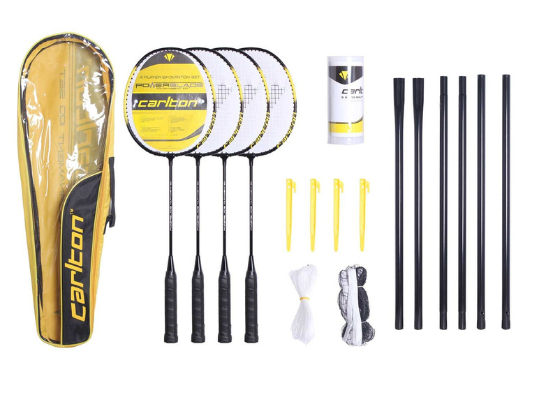 Ein Carlton Badmintonset mit vier Schlägern, einem Netz, Stangen und einer Tasche.