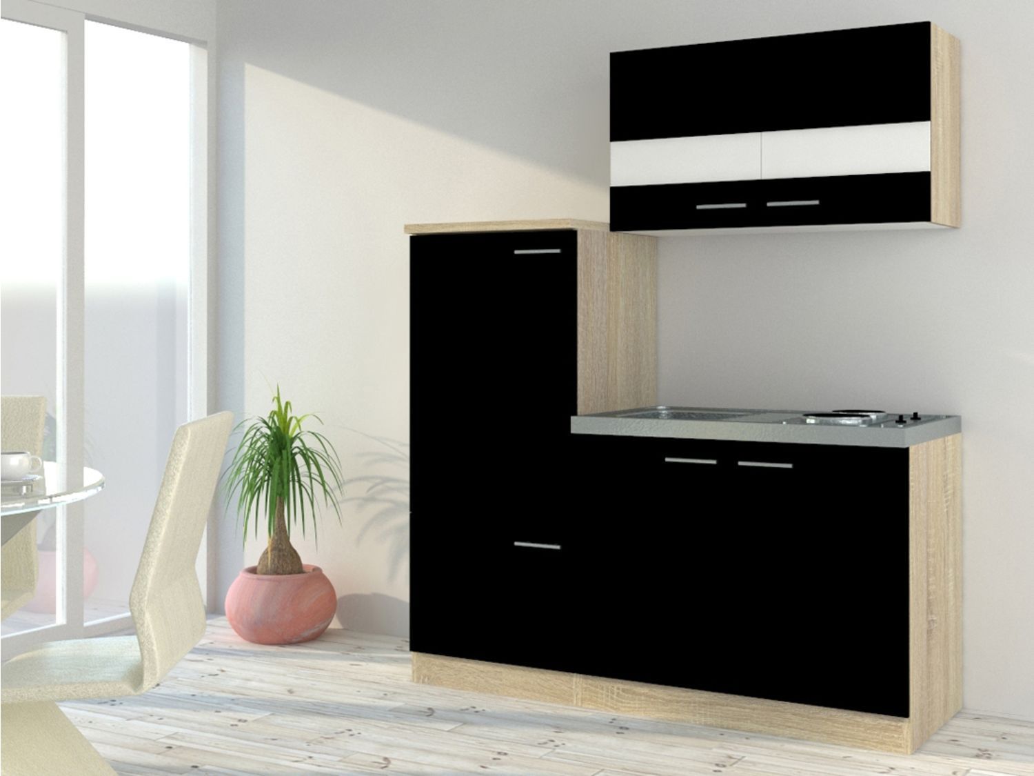 Respekta Singleküche Eiche Sonoma Sägerau 150/160/180cm (ohne Mikrowelle, schwarz mit Kochmulde, Breite 160cm) | 04260641222582