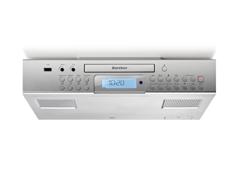 Ein silberner Karcher CD-Player mit Radio und Wecker.