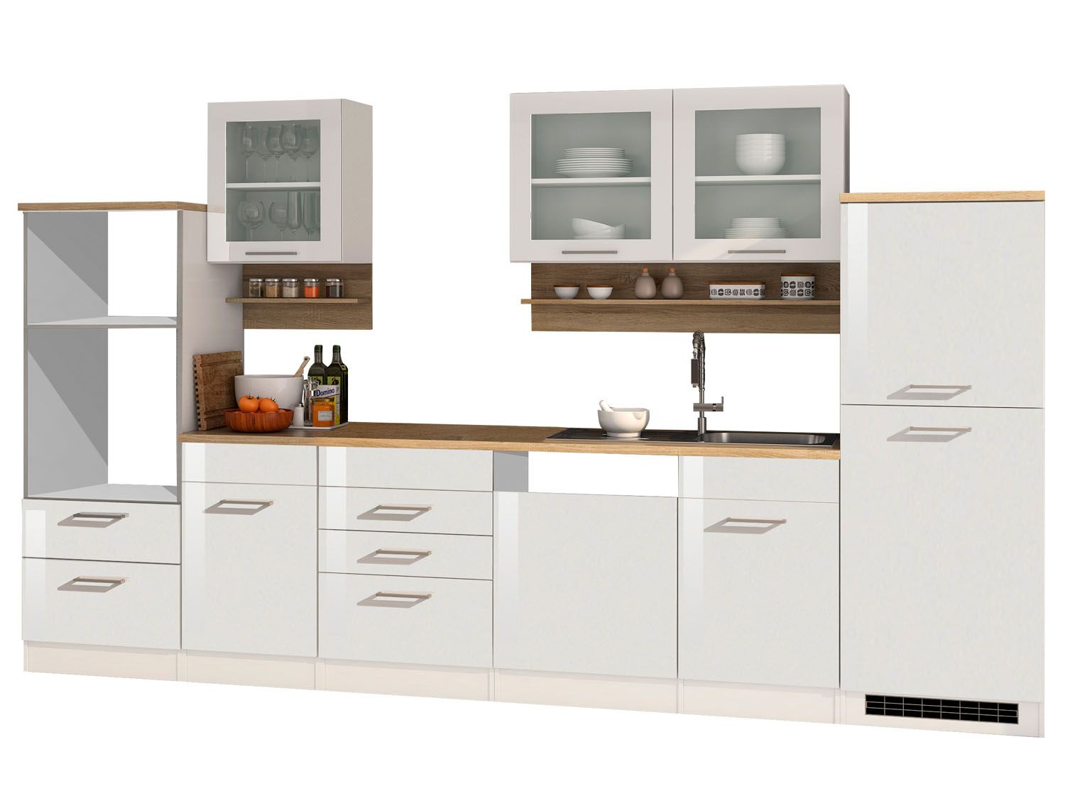 HELD Küchenzeile Mailand 220-390cm (ohne E-Geräte, Hochglanz-weiß/eiche sonoma, 340 cm) | 04251639434636