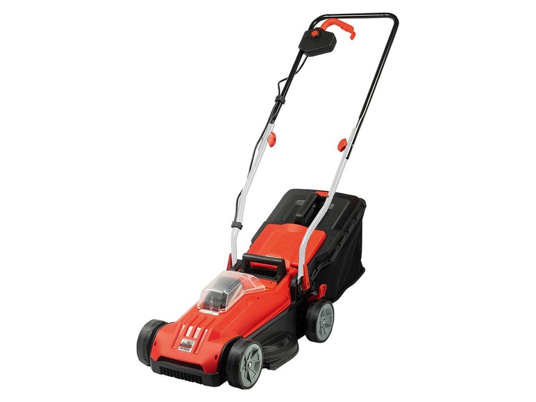 Ein roter Elektro-Rasenmäher mit Fangkorb.