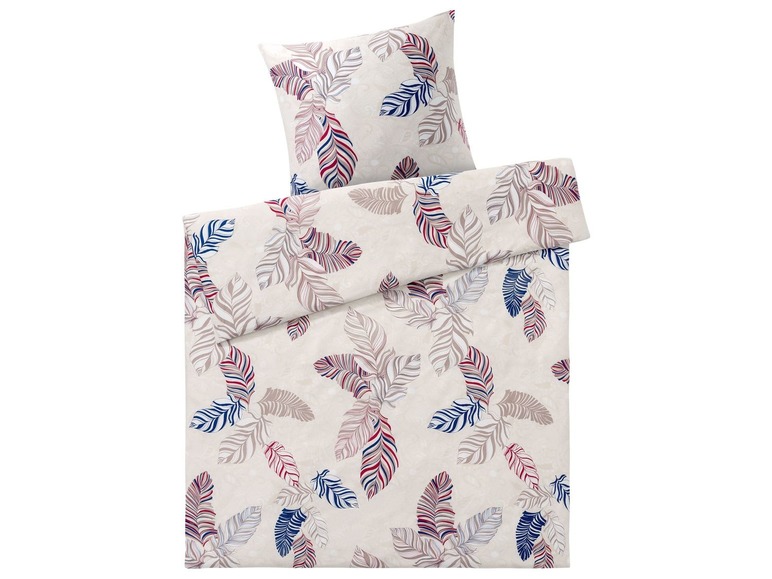 Beige Bettbezug mit blauen und roten Federn.
