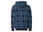 Ein blaues kariertes Hoodie mit Kapuze.
