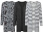 Drei lange Cardigans: einer mit Blumenmuster, einer einfarbig grau und einer mit Streifen.