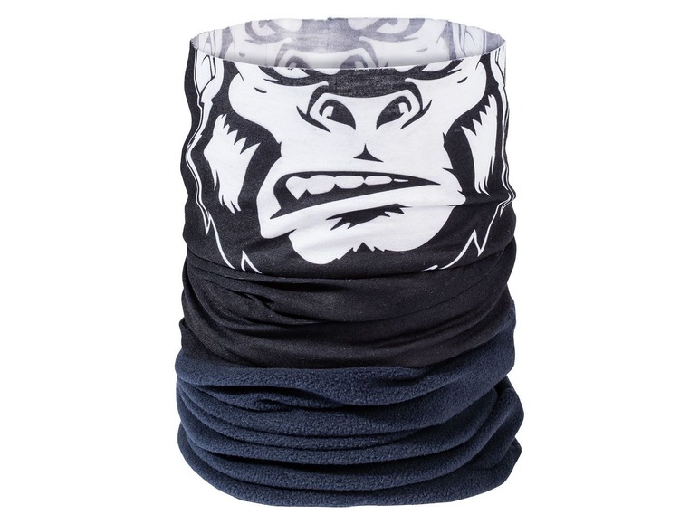 Ein schwarzer Fleece-Halswärmer mit Gorilla-Motiv.