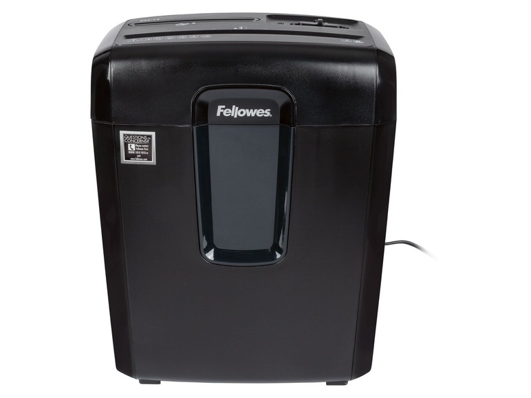 Ein schwarzer Fellowes Aktenvernichter.