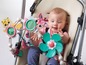 Ein Baby in einem Kinderwagen spielt mit einem Tiny Love Spielzeugbogen mit einem Blumenspielzeug.
