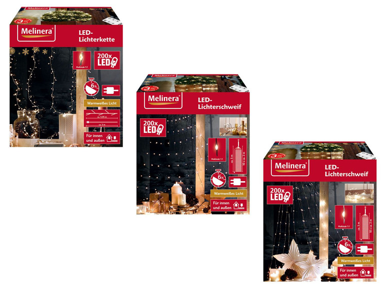 Drei Verpackungen Melinera LED-Beleuchtung: Lichterkette und Lichterschweif, beide mit 200 LED-Lampen.