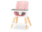 Ein rosa Hochstuhl mit Holzbeinen und abnehmbarem Tablett.