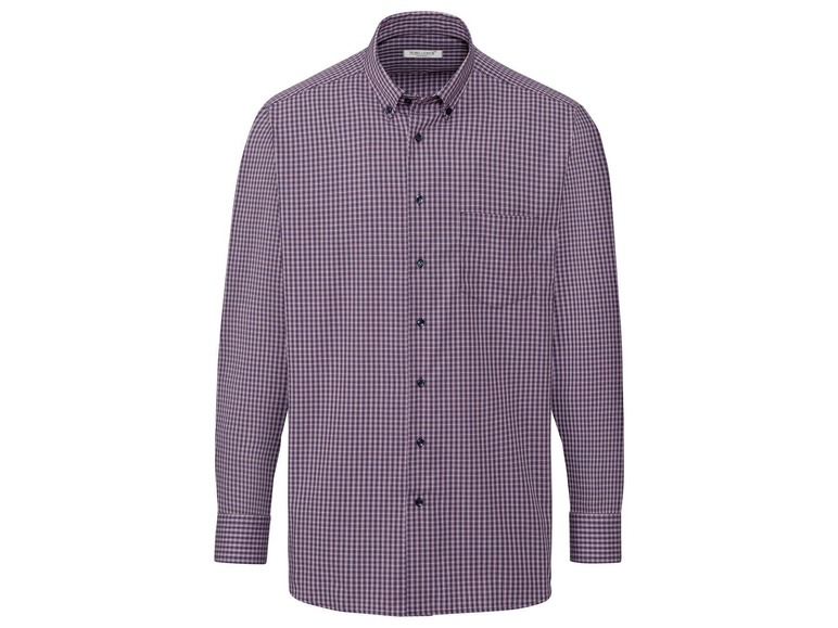 Ein rosafarbenes und blaues kariertes Hemd mit langen Ärmeln.