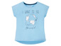 Blaues T-Shirt mit Globus-Print und dem Schriftzug 'I want to see the world'.