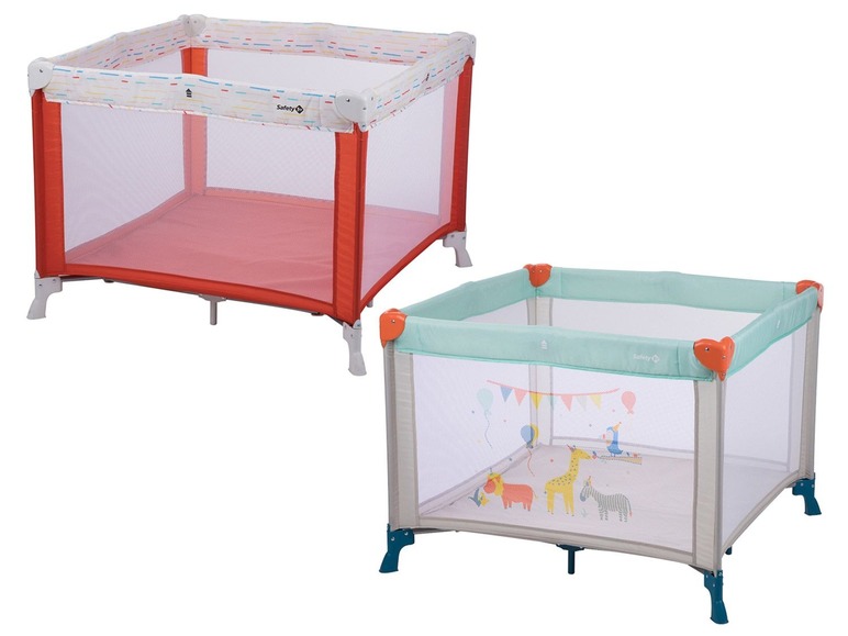 Zwei Safety 1st Baby-Laufställe, einer mit rotem Gestell und einer mit türkisfarbenem Gestell.