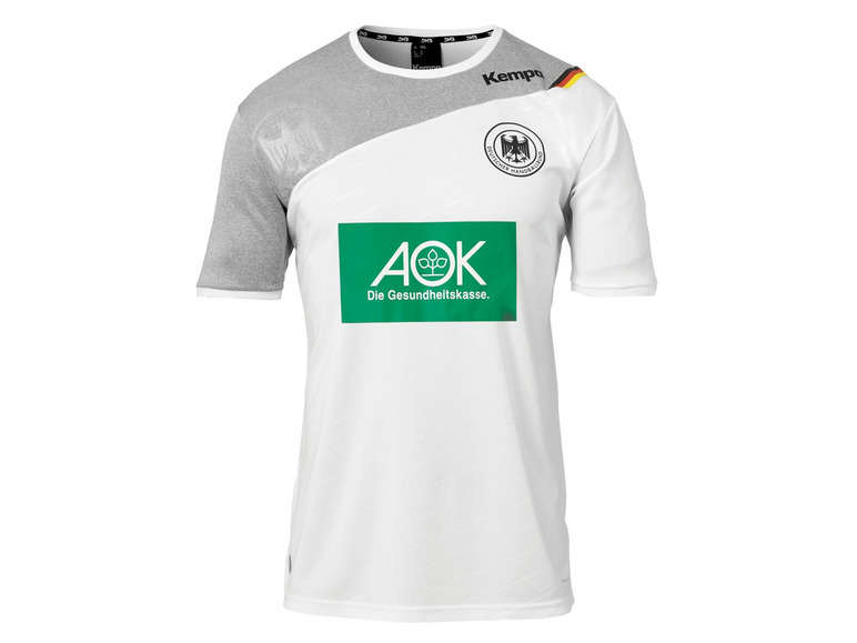 Weißes Handballtrikot von Kempa mit AOK Logo.