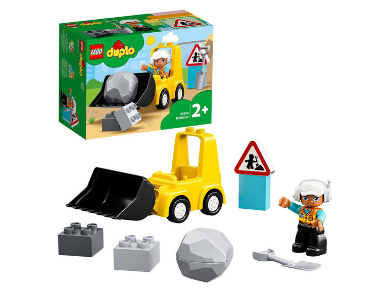 Lego Duplo Bulldozer mit Figur und Steinen.