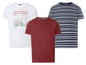 Drei T-Shirts: eins mit Palmen-Print, eins einfarbig rot und eins gestreift blau.