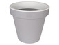 Grauer Blumentopf mit weißem Rand der Marke Elho.