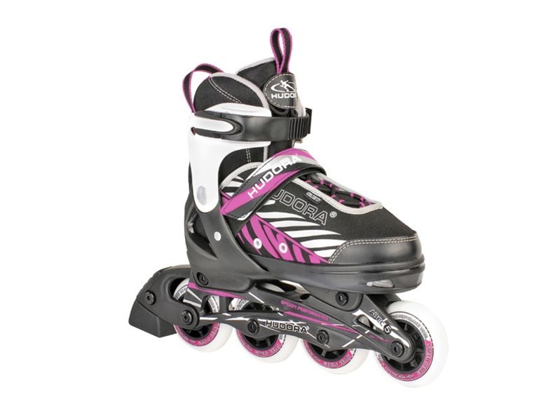 Schwarze Inline-Skates mit rosafarbenen Akzenten und der Marke Hudora.