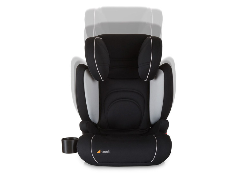 Ein schwarzer Autositz von Hauck mit verstellbarer Kopfstütze.