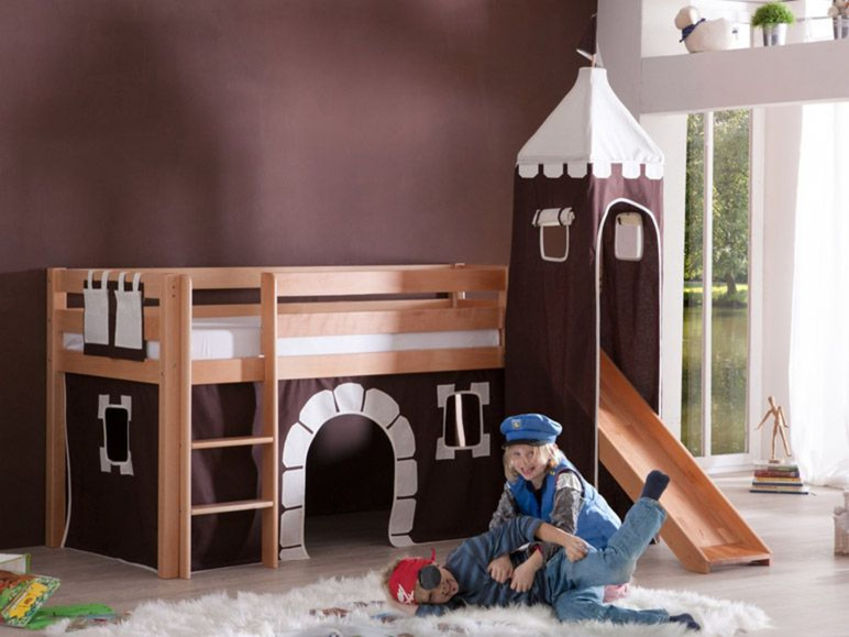 Gehe zu Vollbildansicht: Relita Spielbett Hochbett Kinderbett ALEX mit Rutsche/Turm Buche massiv natur lackiert mit Stoffset - Bild 14