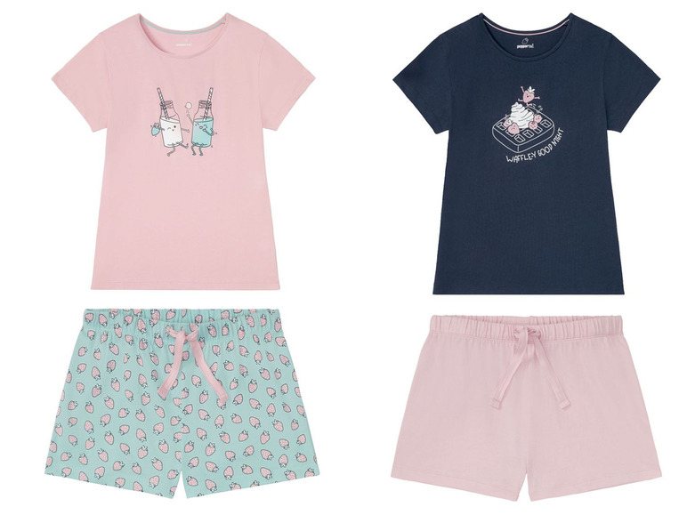 Pyjama mit rosa Oberteil mit Milchflaschen-Print, blauem Oberteil mit Waffel-Print und kurzen Hosen mit Erdbeeren