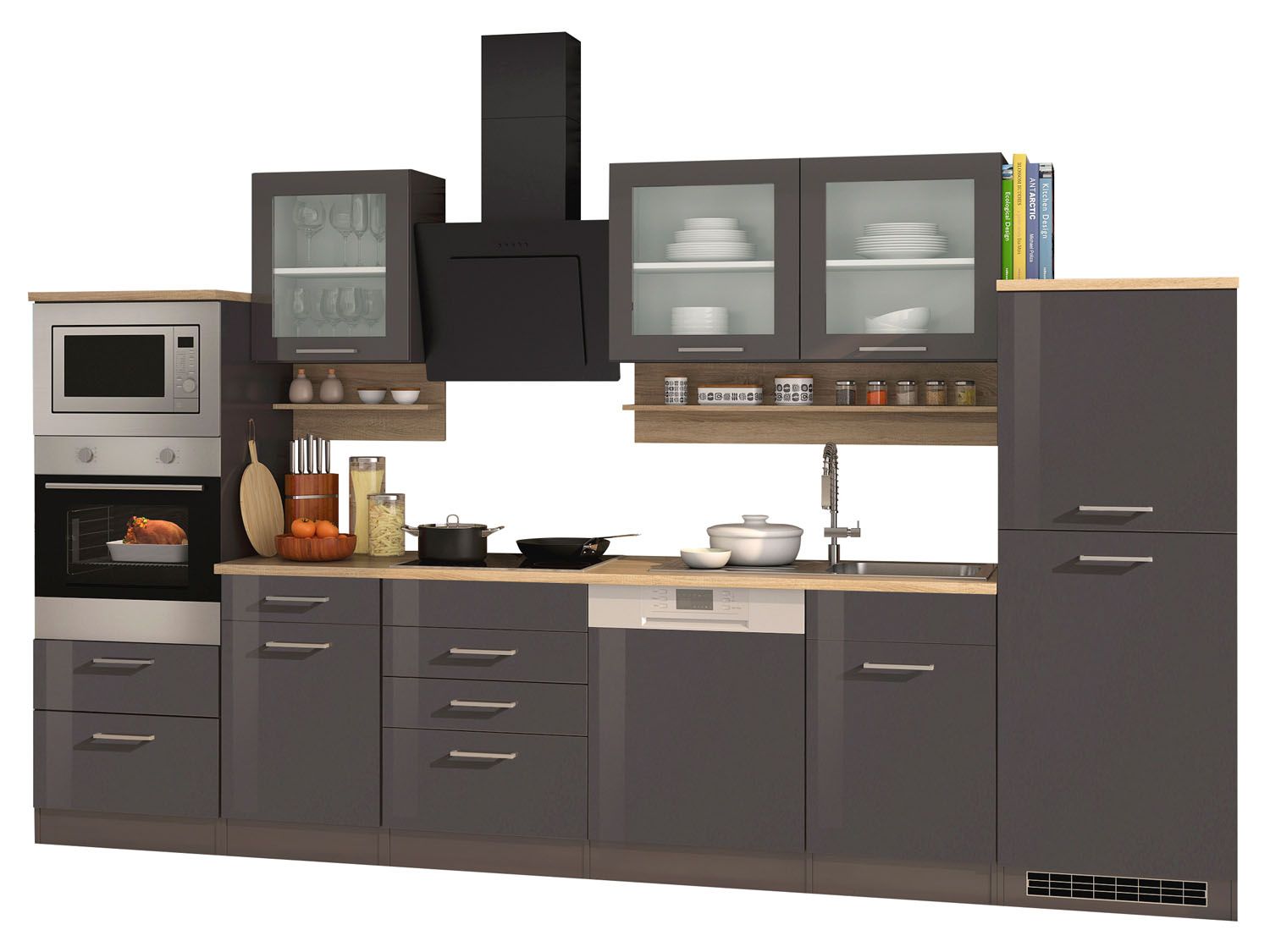 HELD Küchenzeile Mailand 220-390cm (inkl. E-Geräte, Hochglanz-grau/eiche sonoma, 340 cm) | 04251639434667