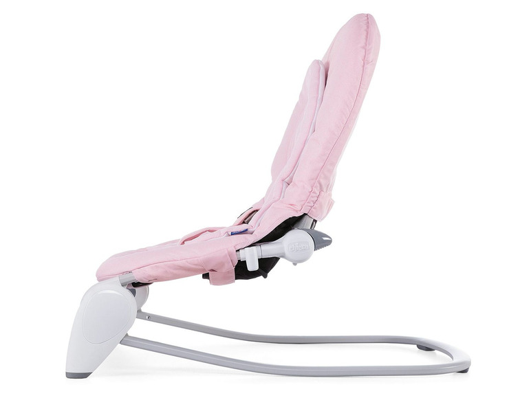 Ein rosa Chicco Baby-Schaukelstuhl mit einem Schaukelrahmen.