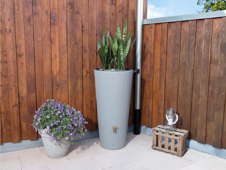 Ein grauer Regenton mit Pflanzen neben einem Holzzaun.