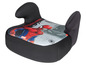 Ein schwarzer Autositz mit Rückenlehne für Kinder mit Spider-Man-Design.