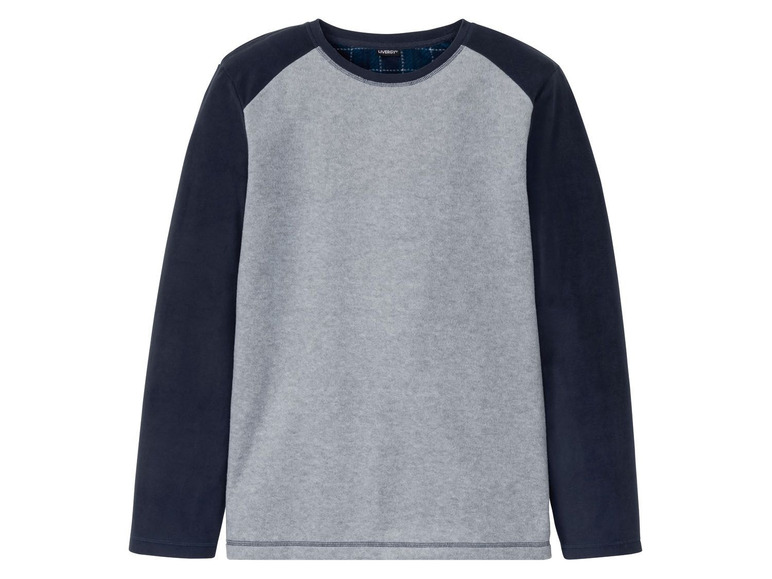 Ein grau-dunkelblauer Langarmshirt mit kariertem Futter.