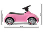 Ein rosafarbener Volkswagen Beetle Lauflernwagen mit schwarzen Rädern.