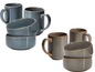 Zwei Sets mit grauen Tassen und Schalen.