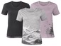 Drei Damen-T-Shirts mit verschiedenen Drucken: Grau mit Berglandschaft, Hellrosa mit Vögeln und Dunkelgrau uni.
