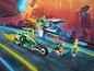 LEGO Ninjago Fahrzeuge: ein grünes Motorrad, ein blauer Jet und ein oranges Skateboard.
