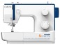 Eine weiße Nähmaschine mit blauen Akzenten, 'Carina' und 'Power & Stretch' Beschriftung.