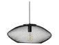 Schwarze Hängelampe mit Gitter-Schirm.
