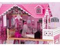 Ein rosa Holzpuppenhaus mit Balkon und Schlafzimmer.