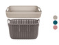 Zwei graue Aufbewahrungskörbe mit Griffen, ein rechteckiger und ein ovaler