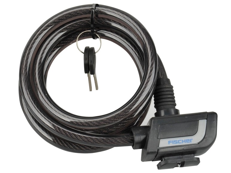 Ein schwarzes Kabelschloss mit zwei Schlüsseln der Marke Fischer.