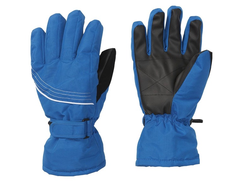 Ein Paar blaue Skihandschuhe mit schwarzen Details.