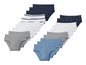 Ein Stapel Unterhosen für Jungen in verschiedenen Farben und Mustern, darunter graue, blaue und weiße.