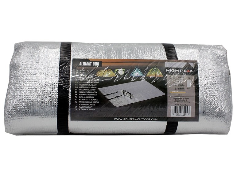 Eine silberne High Peak Alumat Duo Isoliermatte zum Campen.