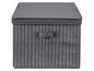 Graue Aufbewahrungsbox mit Deckel und Chevron-Muster.