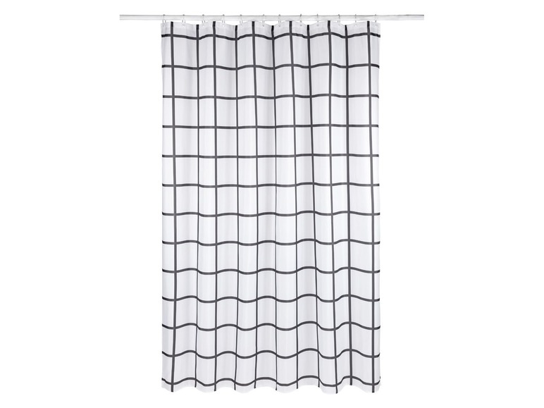 Ein weißer Duschvorhang mit einem schwarzen Karomuster.
