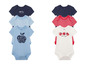 Zwei Sets Babybodys mit verschiedenen Drucken, darunter Caterpillar.