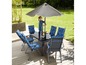 Gartenset mit sechs Stühlen, Tisch und Sonnenschirm