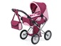 Ein rosa Puppenwagen mit einer Handtasche.