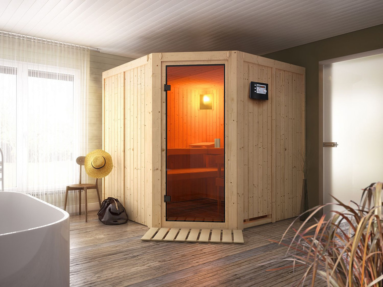 Gehe zu Vollbildansicht: Karibu 68-mm-Systemsauna-Set Vasa Eckeinstieg - Bild 1