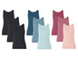 Sieben Tanktops in verschiedenen Farben, darunter Schwarz, Blau und Rosa.