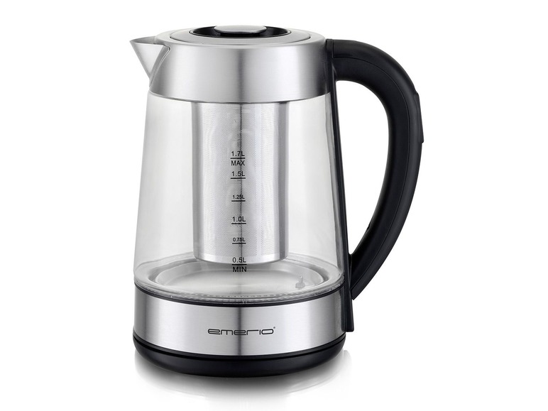 Ein Glas-Wasserkocher mit Tee-Infuser von Emerio.