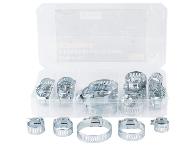 Ein Set aus Metallklemmen in einer durchsichtigen Box.